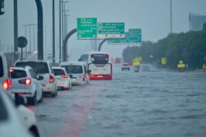 Record-breaking rain floods Dubai’s airport and swamps the desert.